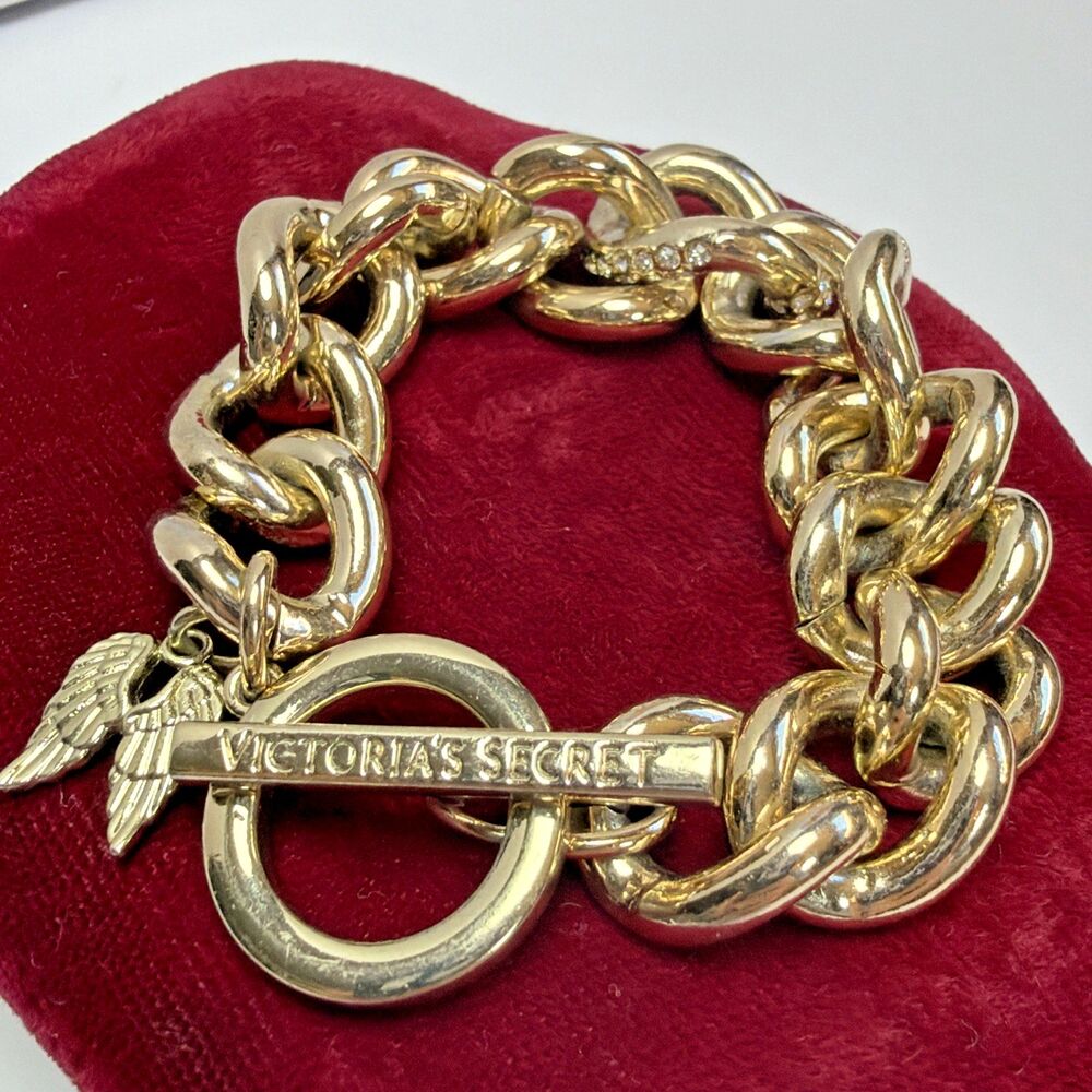 Victoria's Secret Chunky Gold Tone Curb Chain Bracelet Rhinestone Toggle Y2K
